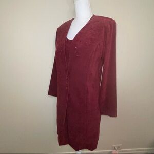 Burgundy Coat Dress With Embroidered Floral Accent